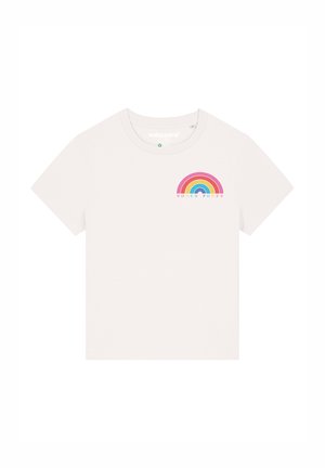 T-shirt en coton blanc avec un graphique arc-en-ciel coloré et le texte "WOMEN POWER" en dessous. Col rond classique et manches courtes.