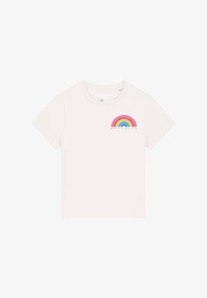Weißes Baumwoll-T-Shirt mit rundem Ausschnitt und kurzen Ärmeln, mit einem mehrfarbigen Regenbogendesign und dem Schriftzug „WOMEN POWER“.