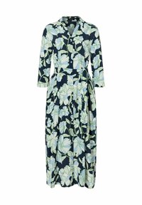 Blumenkleid in Midi-Länge mit navy Hintergrund, hellblauen und grünen Blumenmustern, langen Ärmeln, Knopfleiste und einem Gürtel zum Binden in der Taille.