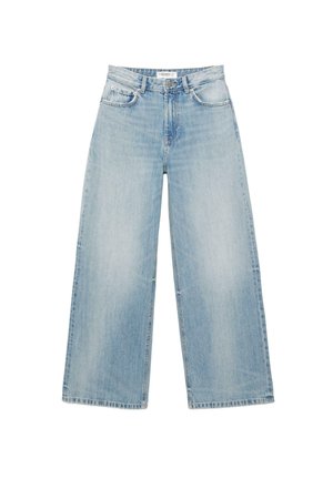 Svetlomodré džínsové nohavice s širokými nohavicami a vysokým pásom, predným zapínaním na gombíky a zips, s dizajnom piatich vreciek.