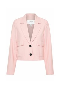 Oříznutý růžový blejzr s klopovým límcem, dvěma předními kapsami a černými knoflíky. Hladká textura s na míru šitým střihem.