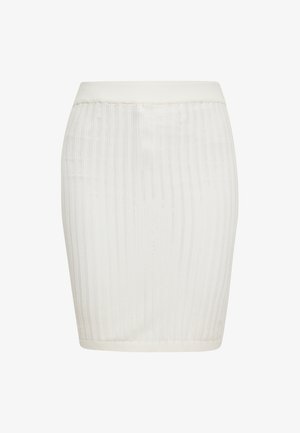Fustă albă din tricot cu model nervurat, cu o siluetă ajustată, talie elastică și o texturǎ netedă, ușor lucioasă.