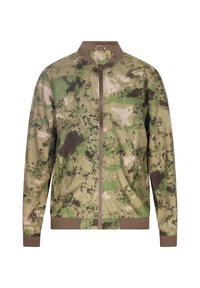 Kamouflage bomberjacka med en blandning av gröna, bruna och beige mönster, med dragkedja fram samt ribbade kragar och ärmslut.