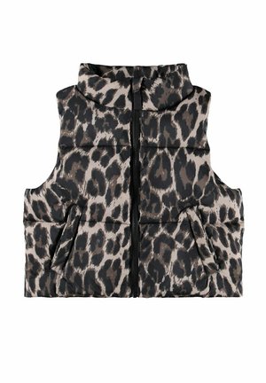 Gilet imbottito senza maniche con stampa leopardata nera e marrone, cerniera frontale e due tasche laterali su sfondo bianco.