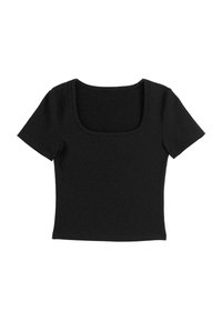 Top negro de manga corta con escote cuadrado. Fabricado en un tejido acanalado, presenta un diseño ajustado y un dobladillo limpio.
