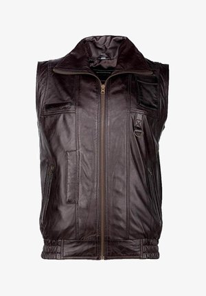 Brun lædervest med høj krave, lynlås lukning, flere lommer og elastisk kant. Har horisontale syninger detaljer overalt.
