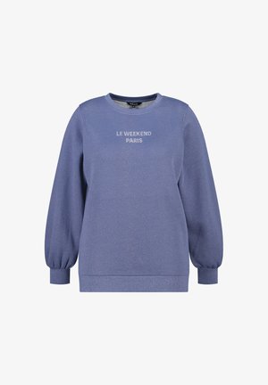 Blauwe trui met lange, opbollende mouwen en ronde halslijn. Voorzien van de tekst "LE WEEKEND PARIS" in een contrasterend lettertype op de borst.