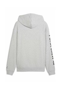 Sweat à capuche gris en tissu texturé, avec une grande capuche, des manches longues et un motif imprimé noir sur le bras droit.