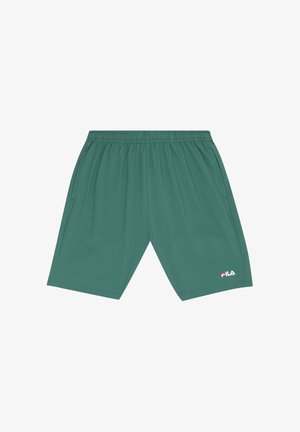 Zielone szorty sportowe FILA z elastycznym pasem i bocznymi kieszeniami, z logo FILA na lewej dolnej części nogawki.
