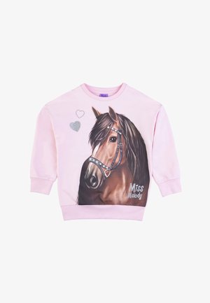 Felpa rosa con una grande grafica di un cavallo con dettagli marroni e neri. Cuori brillanti e il testo "Miss Melody" sul davanti.