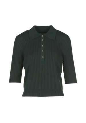 Dunkelgrünes Kurzarm-Polohemd aus Strick mit gerippter Textur, kragenförmigem Ausschnitt und fünf metallischen Knöpfen auf der Vorderseite.