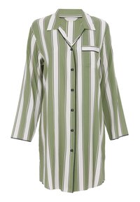 Zielono-biała koszula w paski z guzikami z przodu, długimi rękawami, kieszonką na haft oraz czarnymi akcentami przy kołnierzyku i mankietach.