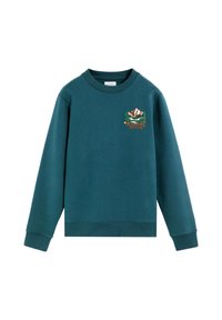 Sudadera de cuello redondo de color azul verdoso con bordado de montaña, árboles y lago en el pecho, etiquetada como "Scalpers Green Lake".