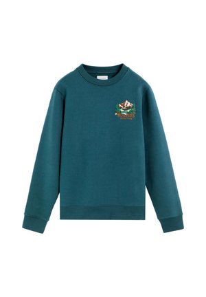 Sudadera de cuello redondo de color azul verdoso con bordado de montaña, árboles y lago en el pecho, etiquetada como "Scalpers Green Lake".