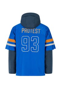 Blaues Trikot mit Kapuze, "PROTEST"-Text und der Nummer "93" auf der Rückseite. Besitzt orange und weiße Streifen an den Ärmeln, mesh-artige Textur, gepolstertes Material.