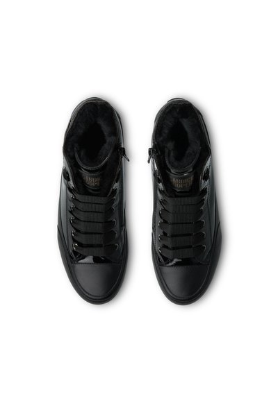 Black high-top sneakers made of shiny patent leather with textured fabric lining, featuring laces and a zip closure on the side.