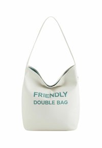 White vegan leather bag with a curved top, featuring the text "FRIENDLY DOUBLE BAG" in teal, smooth texture, and a single shoulder strap.
