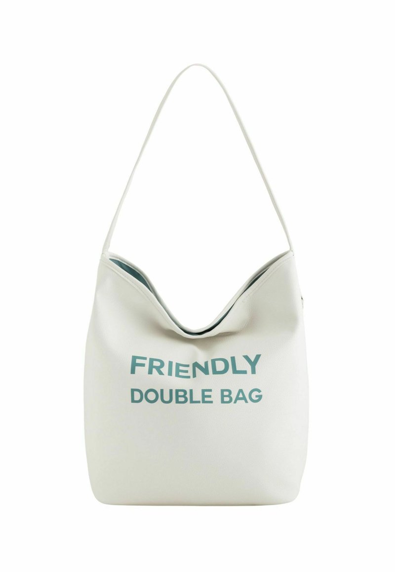 White vegan leather bag with a curved top, featuring the text "FRIENDLY DOUBLE BAG" in teal, smooth texture, and a single shoulder strap.