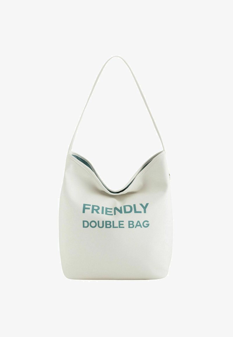 Sac en cuir végétalien blanc avec un dessus courbé, arborant le texte "FRIENDLY DOUBLE BAG" en turquoise, texture lisse et une seule bandoulière.