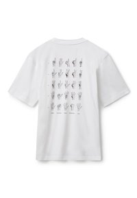 Bílý tričko s grafem rukou znázorňující čísla jedna až pět v pěti různých zemích.