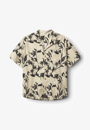 Short-sleeve shirt in a light beige fabric featuring a black floral print. Includes a chest pocket and a relaxed collar design.