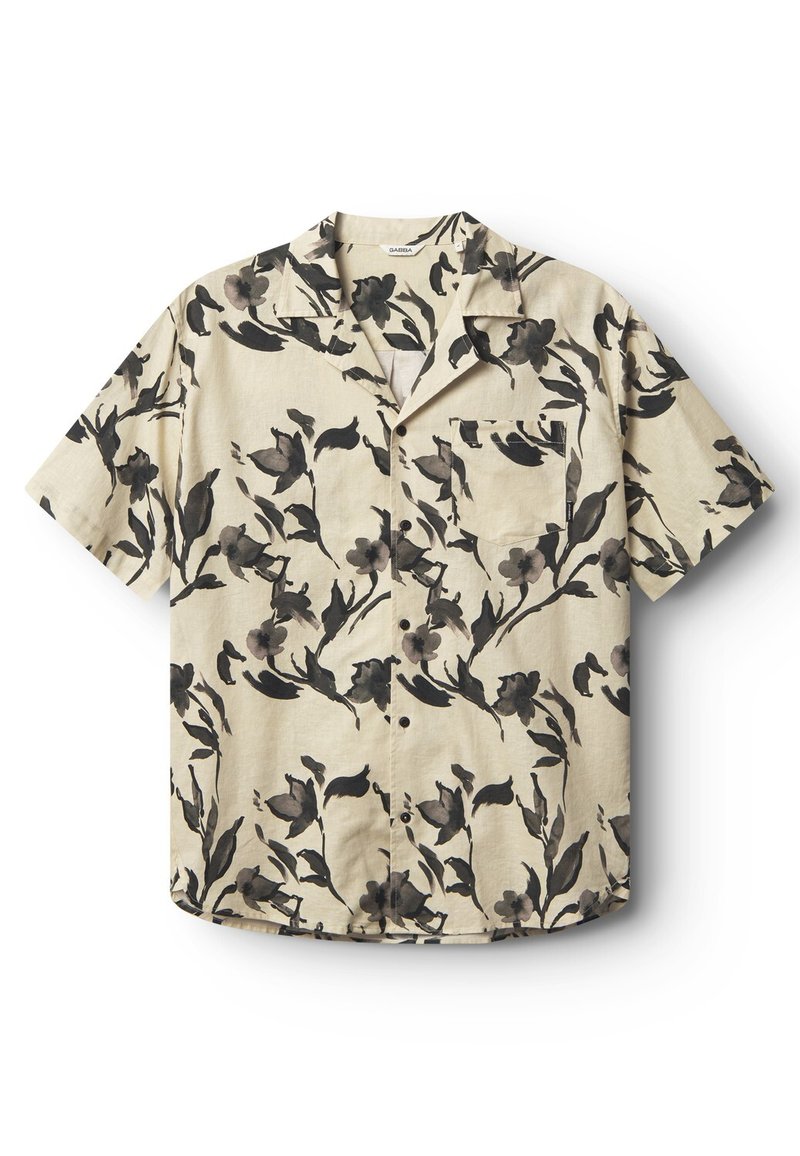 Kurzärmliges Hemd aus einem hellbeigen Stoff mit schwarzem Blumenmuster. Verfügt über eine Brusttasche und ein legeres Kragendesign.