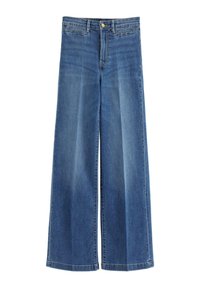 Jeans a gamba larga blu in denim, con vita alta, design a cinque tasche standard e dettaglio del bottone dorato in vita.