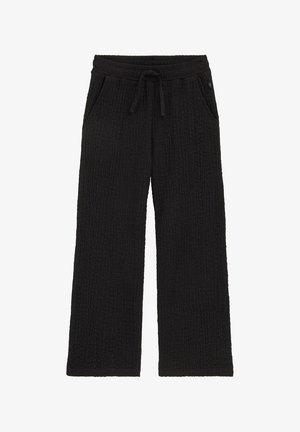 Pantaloni neri a gamba larga con texture, vita elasticizzata e coulisse, dotati di tasche laterali.