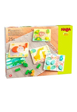 Holzeinlegepuzzles mit Wildtiermotiven, nummerierten Teilen und Tierillustrationen von HABA, für Kinder ab 1,5 Jahren.