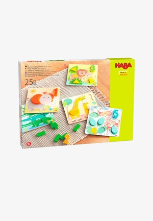 Holzeinlegepuzzles mit Wildtiermotiven, nummerierten Teilen und Tierillustrationen von HABA, für Kinder ab 1,5 Jahren.