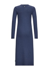 Vestito a maniche lunghe, di maglina a costine blu navy con scollo rotondo, mostrato da dietro, che presenta un piccolo etichetta con il logo vicino allo scollo.