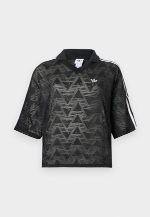 Zwart mesh polo shirt met korte mouwen en chevronpatroon, witte Adidas-logo op de borst en witte strepen op de mouwen.