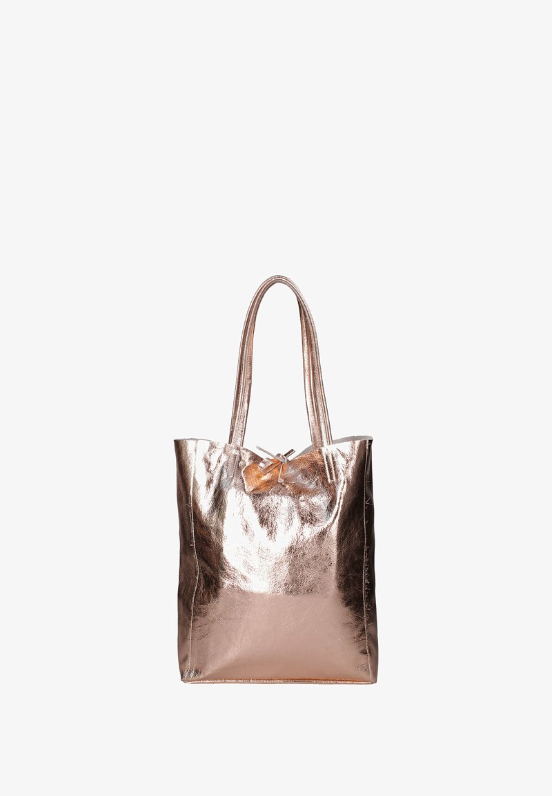 Metaalachtige roségouden totebag met twee schouderbanden, een gladde textuur, een strikaccentdetail aan de voorkant en een open ontwerp.