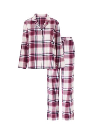 Rood en wit geruite pyjamapak met een knoopsluiting, lange mouwen en bijpassende broek met elastische tailleband, met marineblauwe accenten in het patroon.