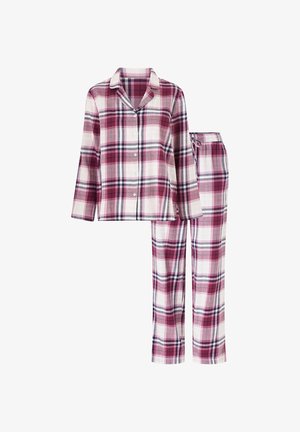 Rood en wit geruite pyjamapak met een knoopsluiting, lange mouwen en bijpassende broek met elastische tailleband, met marineblauwe accenten in het patroon.