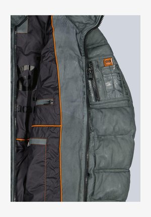 Gray leather jacket with orange accents, featuring multiple pockets, a zip closure, and a padded interior, showcasing a sleek design.