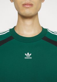 Närbild av en person som bär en grön Adidas-tröja med vit logotyp centrerad på bröstet och vita ränder på axlarna.
