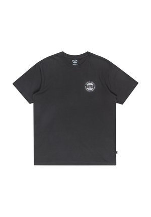 Black cotton t-shirt with a crew neck, short sleeves, and small circular logo detail on the left chest featuring contrasting colors.