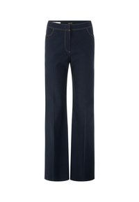 Navy blue wide-leg pants made from a smooth fabric, featuring contrasting gold stitching and two front pockets.