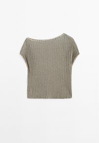 Haut en maille à manches courtes avec rayures verticales noires et beiges, encolure bateau et coupe ample, posé à plat sur fond blanc.