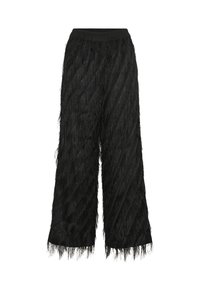 Schwarze Bundfaltenhose aus strukturiertem Stoff mit diagonalen Fransenverzierungen. Verfügt über einen elastischen Bund und eine lockere Passform für hohen Komfort.
