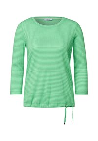 Maglietta verde a maniche lunghe con scollatura rotonda, realizzata in un tessuto testurizzato con strisce orizzontali e cordoncino regolabile all'orlo.