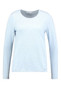 Light blue long-sleeve sweater with round neckline and ribbed cuffs, plain knit texture, small metal logo near hem on the left side.