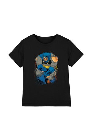 Black t-shirt featuring a muscular superhero in a blue and gray costume with yellow utility belt, crouching with clenched fists.