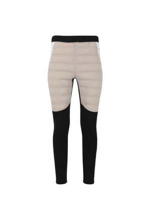 Pantalons de sport rembourrés avec une partie supérieure beige et une partie inférieure noire, présentant un design épuré, une taille élastique et des détails sur les côtés.
