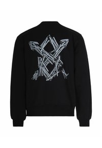 Zwarte sweatshirt met een grote abstracte grafiek op de rug, ontworpen met elkaar kruisende, gestileerde lijnen in lichtgrijs.