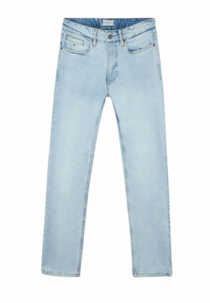 Vaqueros de mezclilla azul claro con cinco bolsillos, cierre de botón y corte recto, mostrados sobre un fondo blanco.