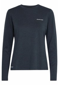 Langarmshirt in dunkelmarineblau, aus weichem, strukturiertem Stoff. Mit kleinem weißen Logo auf der Brust und dem Text "Schnell trocknend" am Saum.