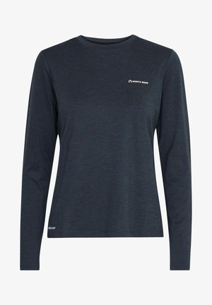 Tumedast sinise värviga pikkade varrukatega särk, mis on valmistatud pehmest, tekstuuriga kangast. Ees on väike valge logo ja hemil on kiri "Kiire kuivamine".