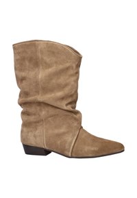 Bottes en cuir suédé marron, à talon bas et bout pointu. Le matériau est doux, avec une texture lisse et un design simple.
